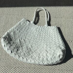 Woven Leather Tote Bag in white